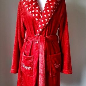 NAUGHTY & NICE Red Velour Polka Dot Hooded Bathrobe Cozy Plush Oversized Small